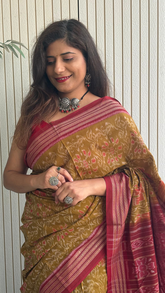 Exclusive Odisha Ikkat Khandua Cotton Saree - Olive Yellow