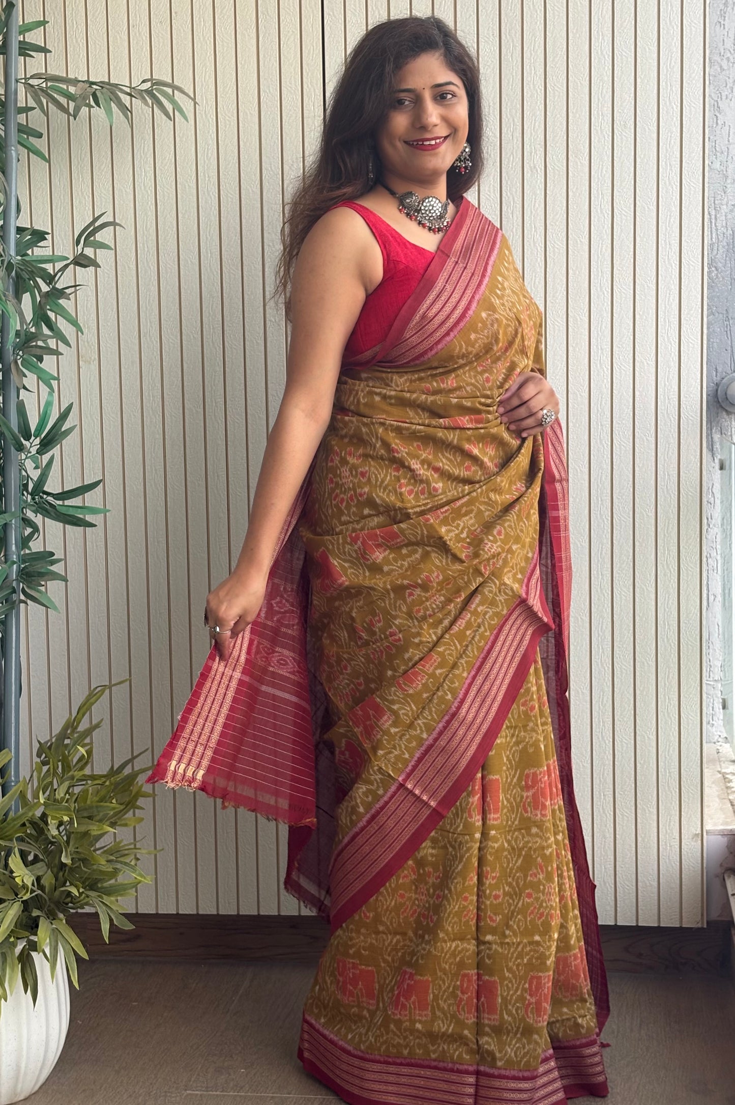 Exclusive Odisha Ikkat Khandua Cotton Saree - Olive Yellow