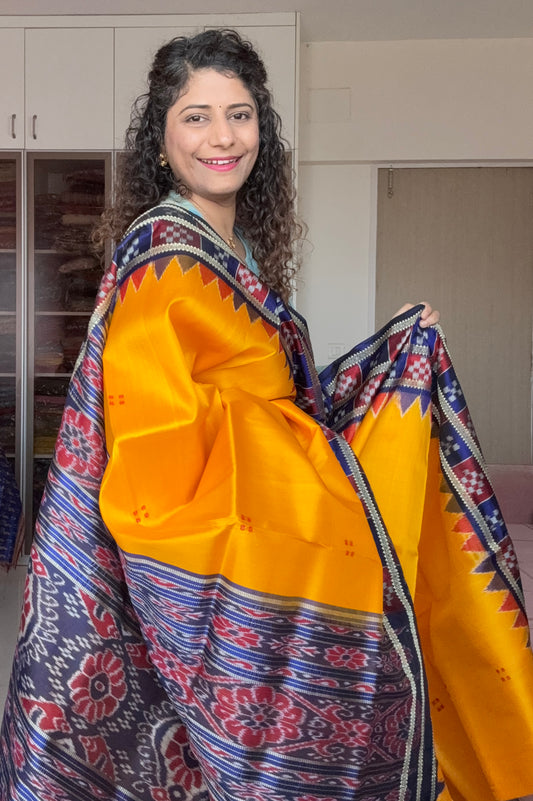 Pasapali Border Odisha Ikkat Pure Silk Saree-Yellow