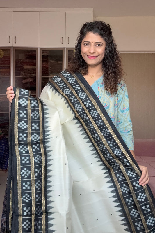 Pasapali Border Odisha Ikkat Pure Silk Saree-Off White