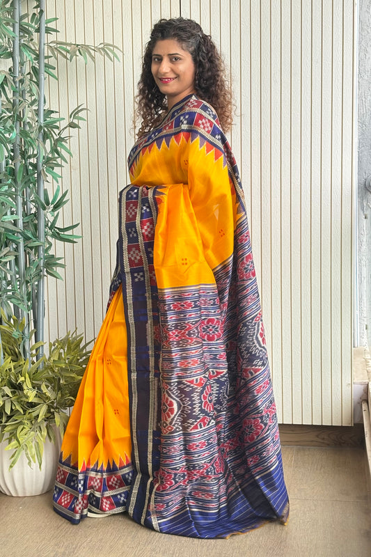 Pasapali Border Odisha Ikkat Pure Silk Saree-Yellow