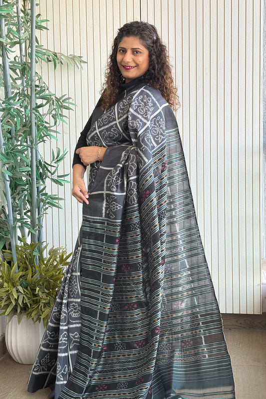 Exclusive Odisha Ikkat Nabakothi Pure Silk Saree- Dual Tone Black