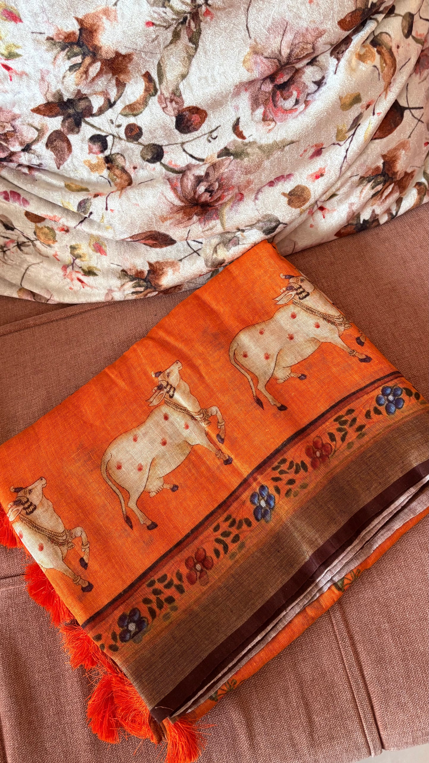Pure Linen Saree With Digital Print- Orange