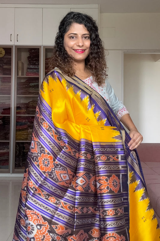 Odisha Ikkat Pure Khandua Silk Saree - Yellow