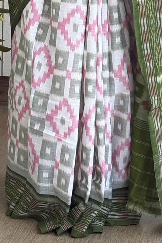 Odisha Ikkat Khandua Cotton Saree- White-Green