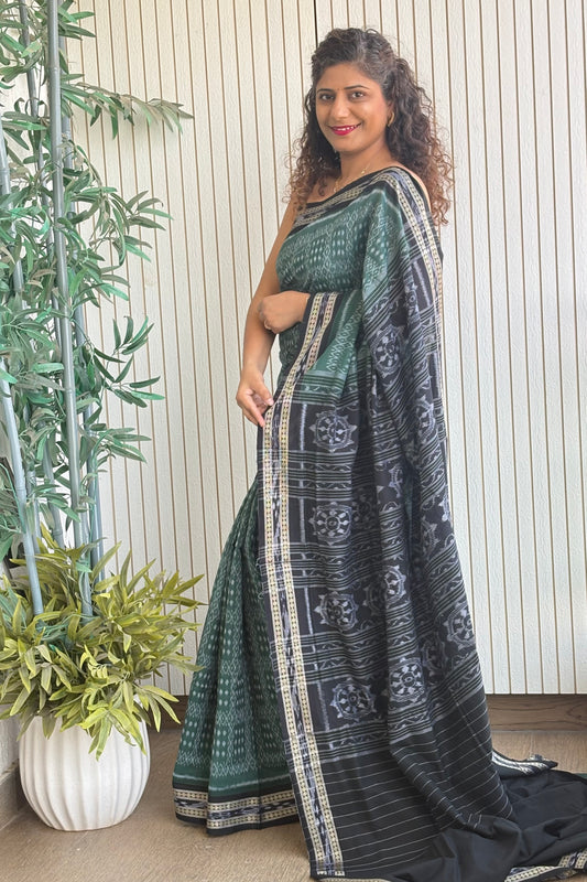 Exclusive Odisha Ikkat Khandua Cotton Saree - English Green