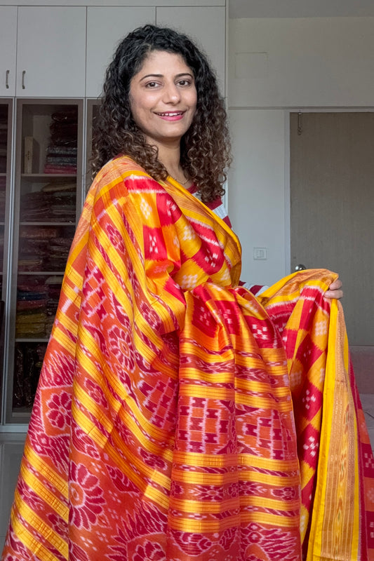 Pasapali Body Khandua Silk Saree- Yellow-Red