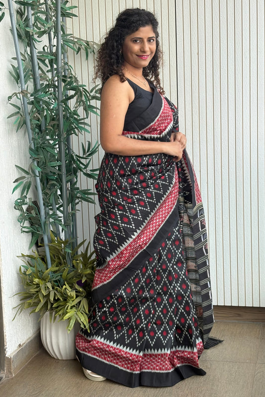 Odisha Ikkat Pure Silk Saree-Black and Red