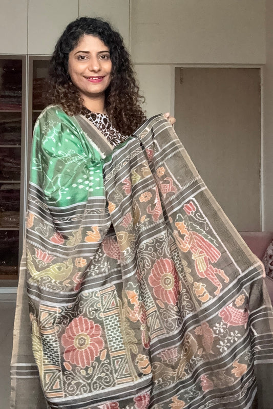 Nabarangi Khandua Ikkat Silk Saree: Dual tone Green