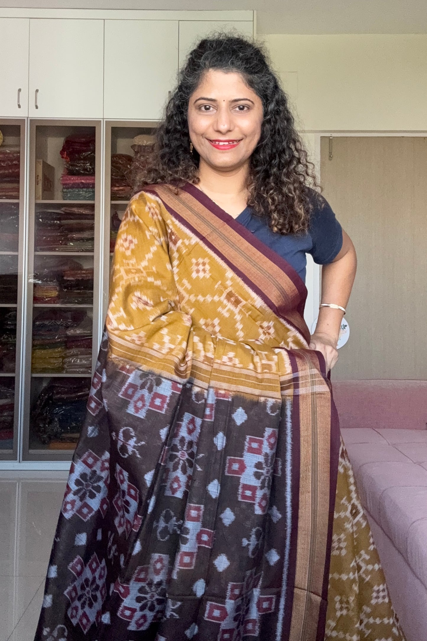 Exclusive Odisha Ikkat Khandua Cotton Saree - Olive Yellow