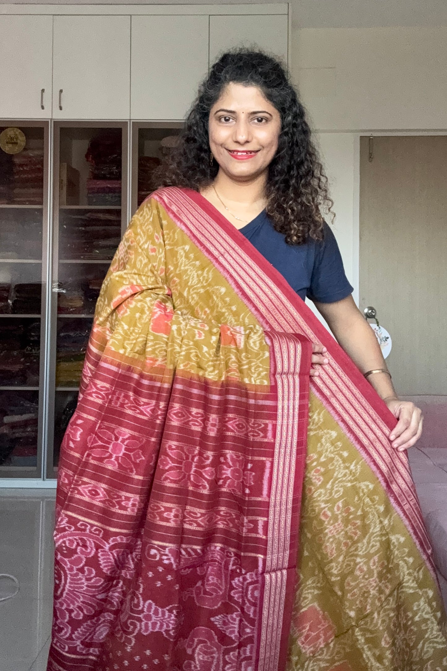 Exclusive Odisha Ikkat Khandua Cotton Saree - Olive Yellow