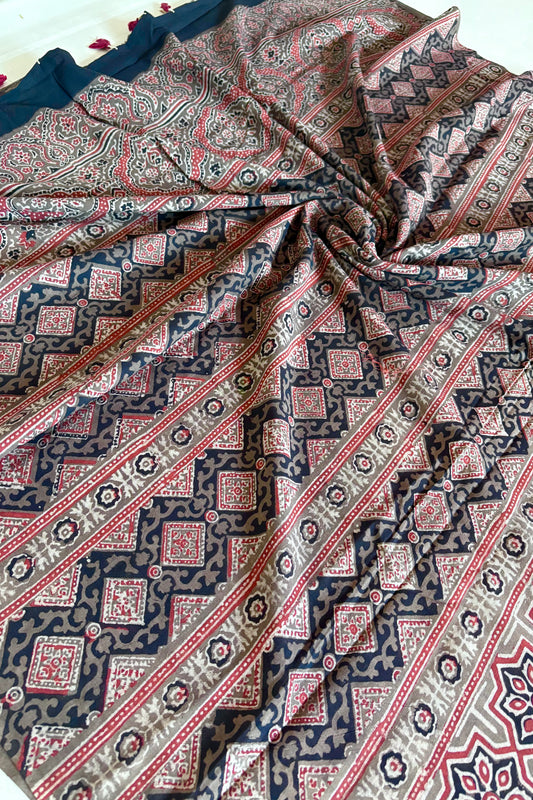 Ajrakh Natural Dye Hand Block Print Pure Cotton Saree