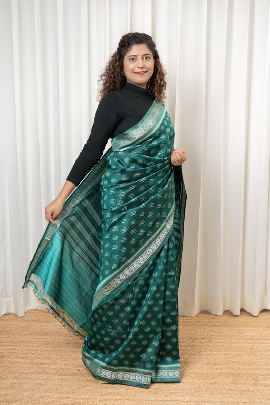 Exclusive Odisha Ikkat Jalla Work Pure Silk Saree - Rama Green