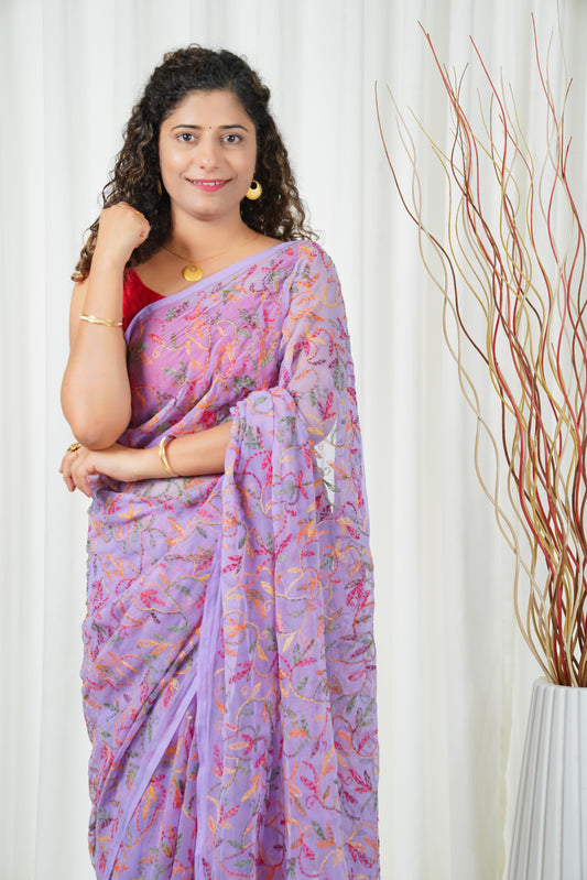 Multi Color Thread Tepchi Work Chikankaari Saree-Lavender