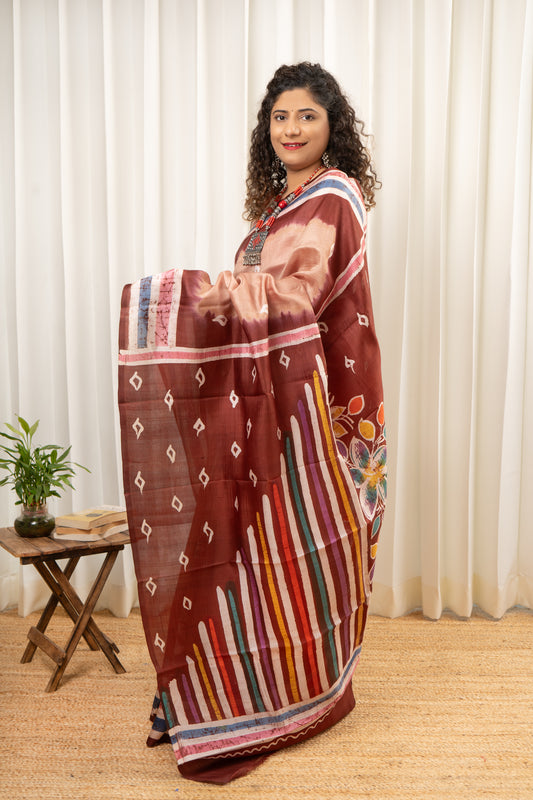 Murshidabad Pure Silk Saree With Hand Batik Print