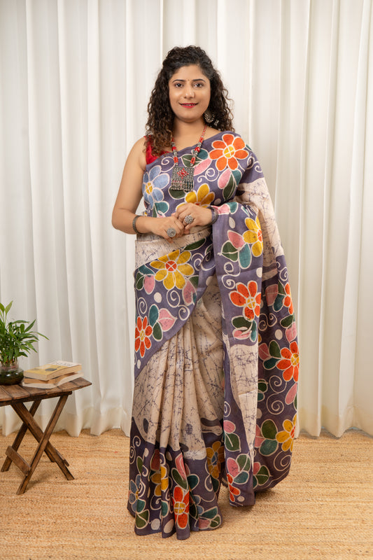 Murshidabad Pure Silk Saree Hand Batik Print