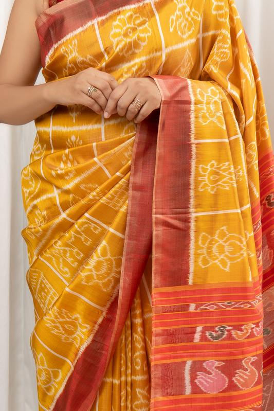 Exclusive Odisha Ikkat Nabakothi Pure Silk Saree- Pastel Yellow