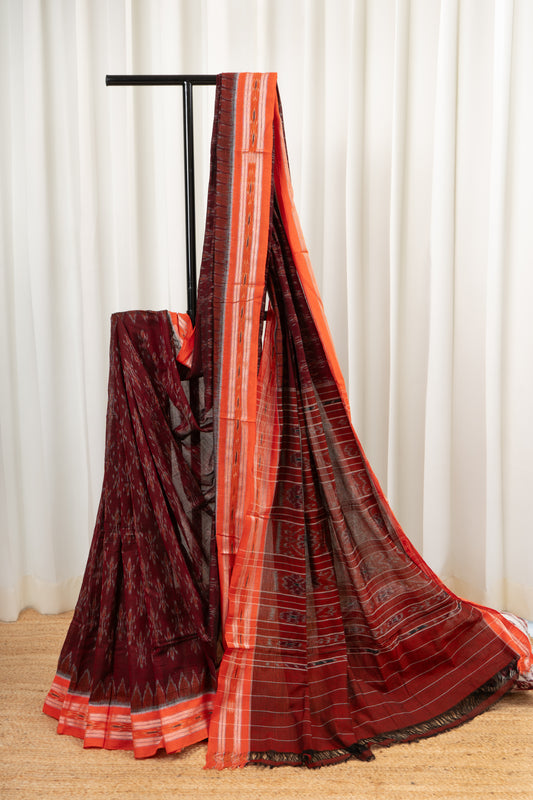 Odisha Ikkat Khandua Cotton Saree -Maroon-Orange