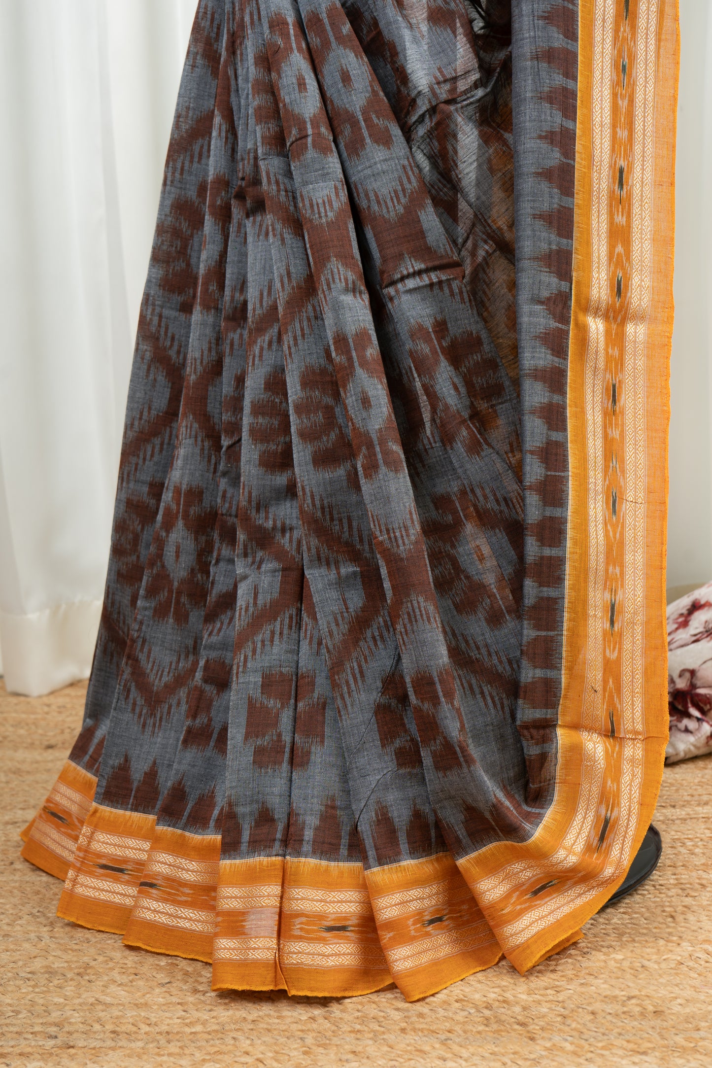 Odisha Ikkat Khandua Cotton Saree - Grey-Yellow