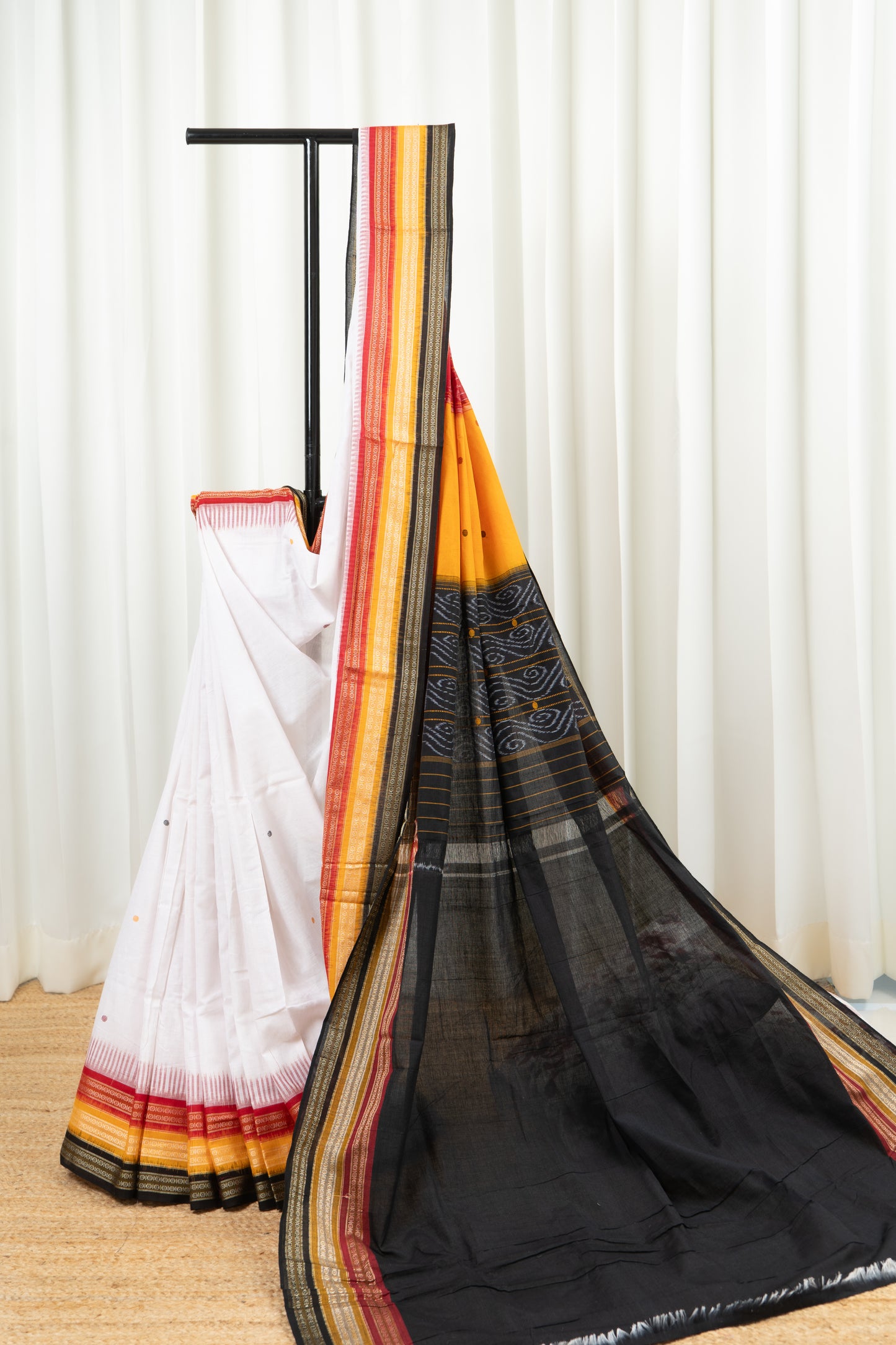 Kathifera Triple Border Ikkat Cotton Saree - White