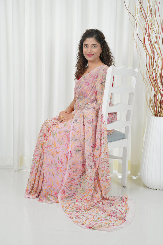 Multi Color Thread Tepchi Work Chikankaari Saree-Pale Pink