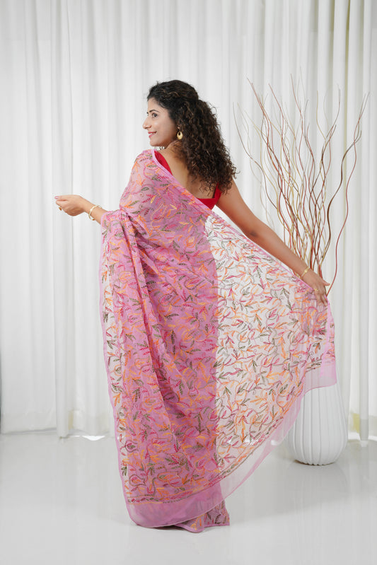 Multi Color Thread Tepchi Work Chikankaari - Pink