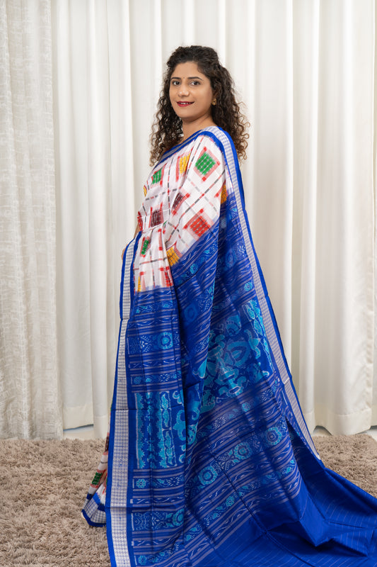 Exclusive Sambalpuri Pure Silk Saree - White-Blue