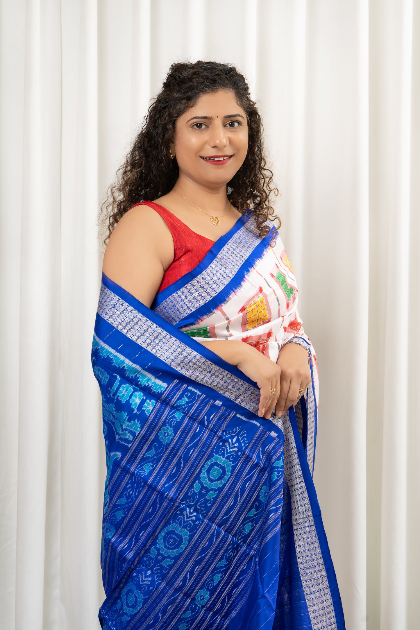 Exclusive Sambalpuri Pure Silk Saree - White-Blue