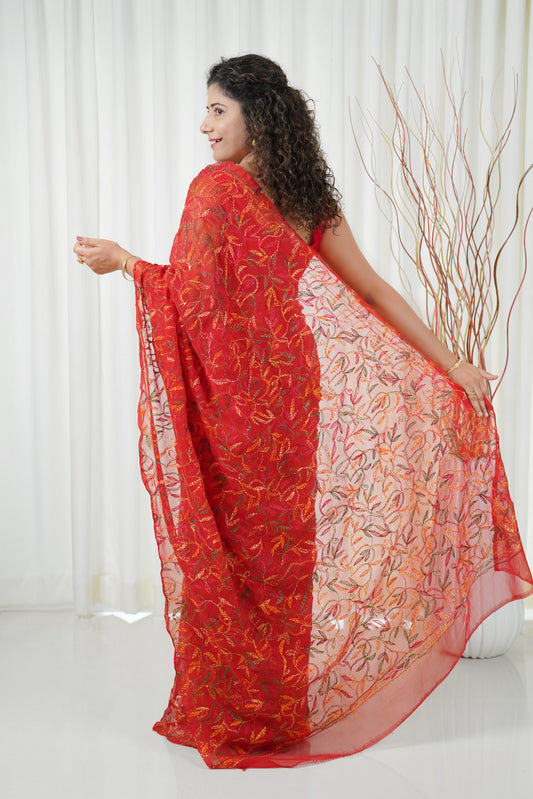 Multi Color Thread Tepchi Work Chikankaari Saree-Red
