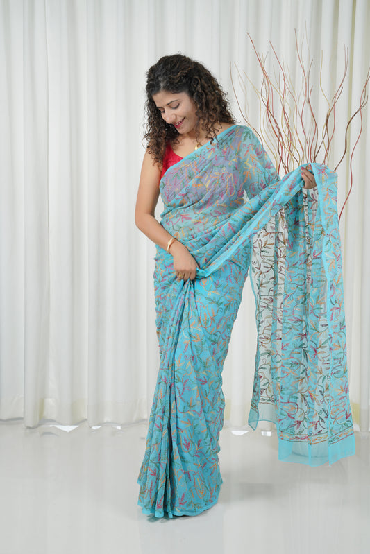 Multi Color Thread Tepchi Work Chikankaari -Sky Blue