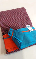 Load image into Gallery viewer, Maroon Patteda Anchu Cotton Saree With Ganga Jamuna Border-Blue-Orange
