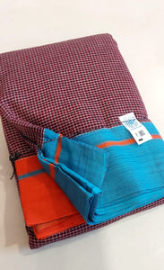 Maroon Patteda Anchu Cotton Saree With Ganga Jamuna Border-Blue-Orange