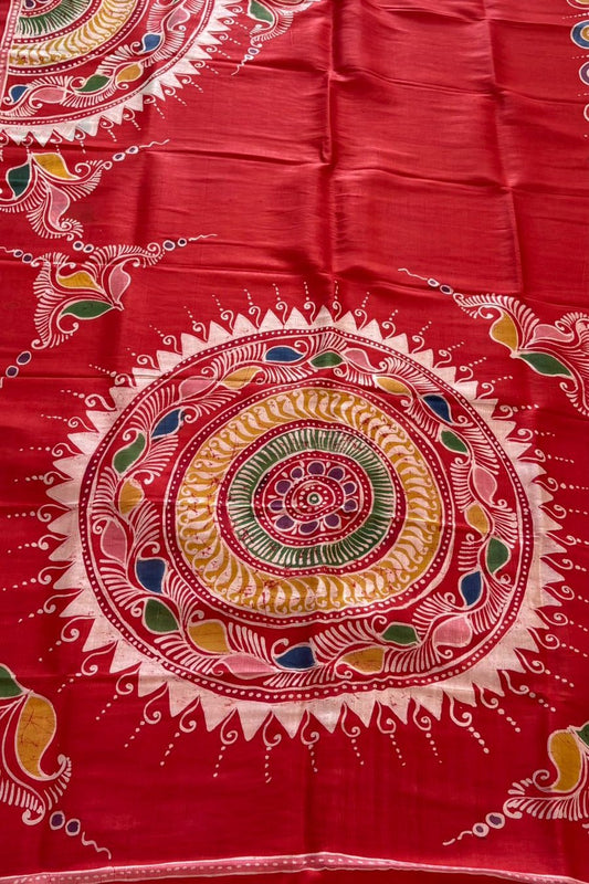 Murshidabad Pure Silk Saree Hand Batik Print - Red