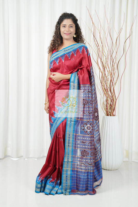 Bandha Border Khandua Ikkat Silk Saree - Maroon