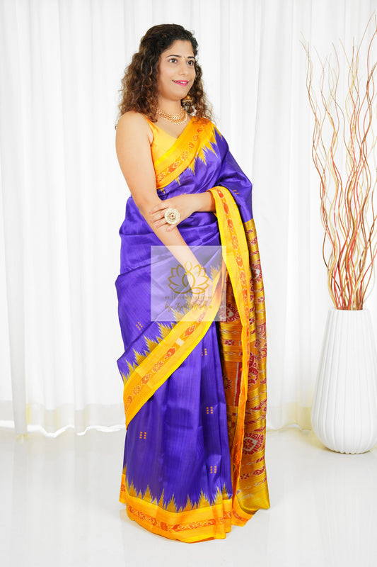 Bandha Border Khandua Ikkat Silk Saree - Purple Blue