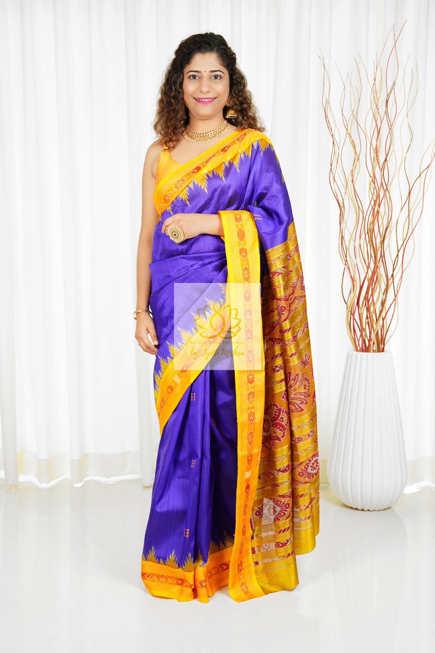 Bandha Border Khandua Ikkat Silk Saree - Purple Blue