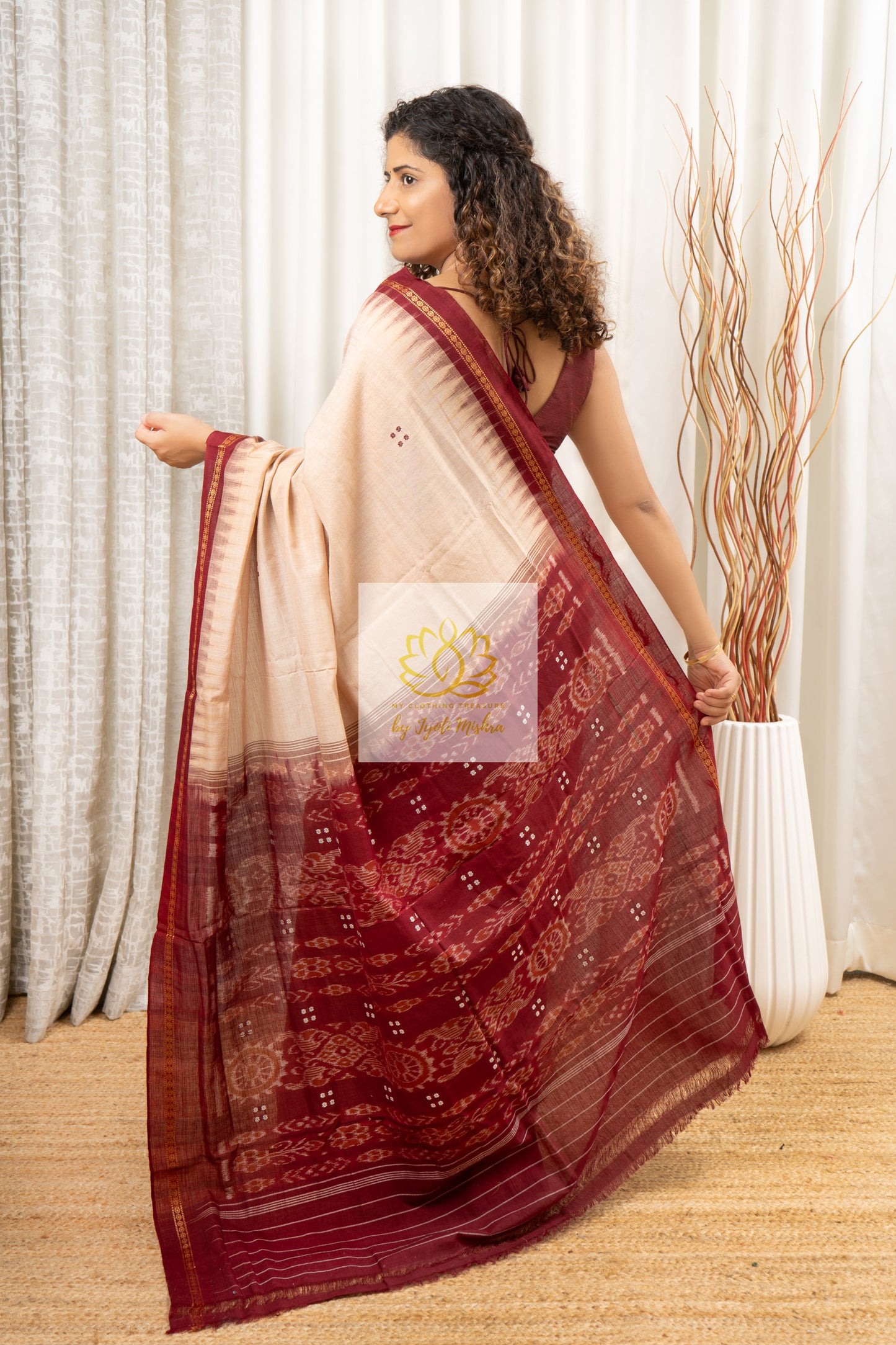 Ek Phulia Cotton Saree-Beige Maroon Saree