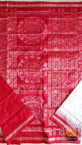 Ek Phulia Sambalpuri Ikkat Pure Silk Pata Saree- White And Red Saree