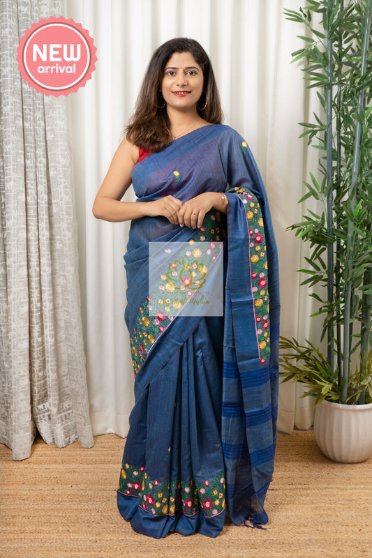 Embroidered Banswara Linen Silk Saree - Blue Saree