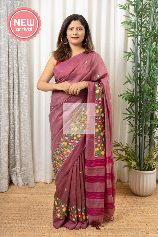 Embroidered Banswara Linen Silk Saree - Dep Mauve Saree