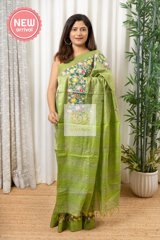 Embroidered Banswara Linen Silk Saree - Green Saree