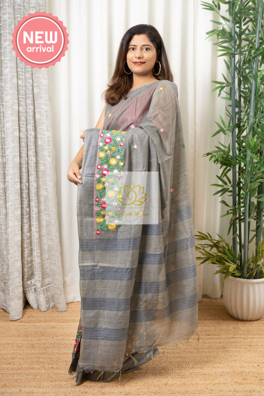 Embroidered Banswara Linen Silk Saree - Grey Saree