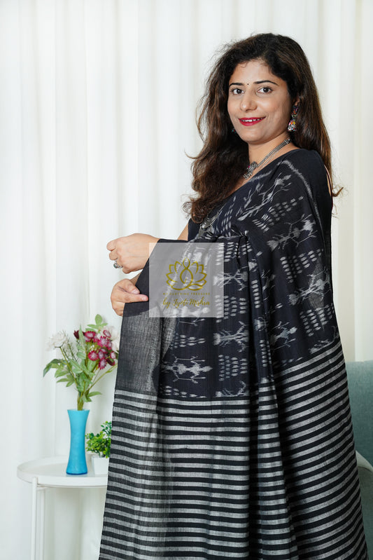Exclusive Bandha Body Ikkat Cotton Saree - Black