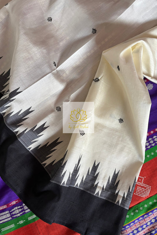 Exclusive Ganga Jamuna Border Double Pallu Berhampuri Pure Silk Patta Saree - Off White Saree