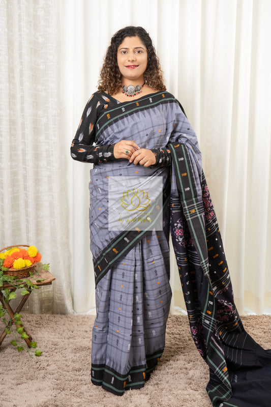 Exclusive Odisha Ikkat Hazaar Buti Cotton Saree- Grey Saree