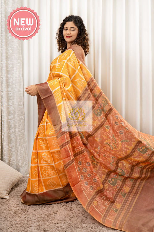 Exclusive Odisha Ikkat Nabakothi Pure Silk Saree- Pale Golden Yellow Saree