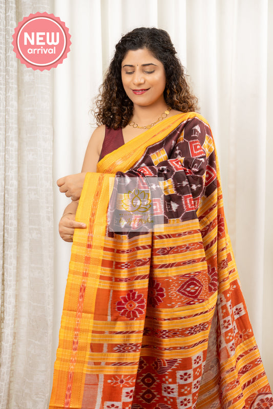Exclusive Odisha Ikkat Pure Silk Saree- Dark Brown Saree