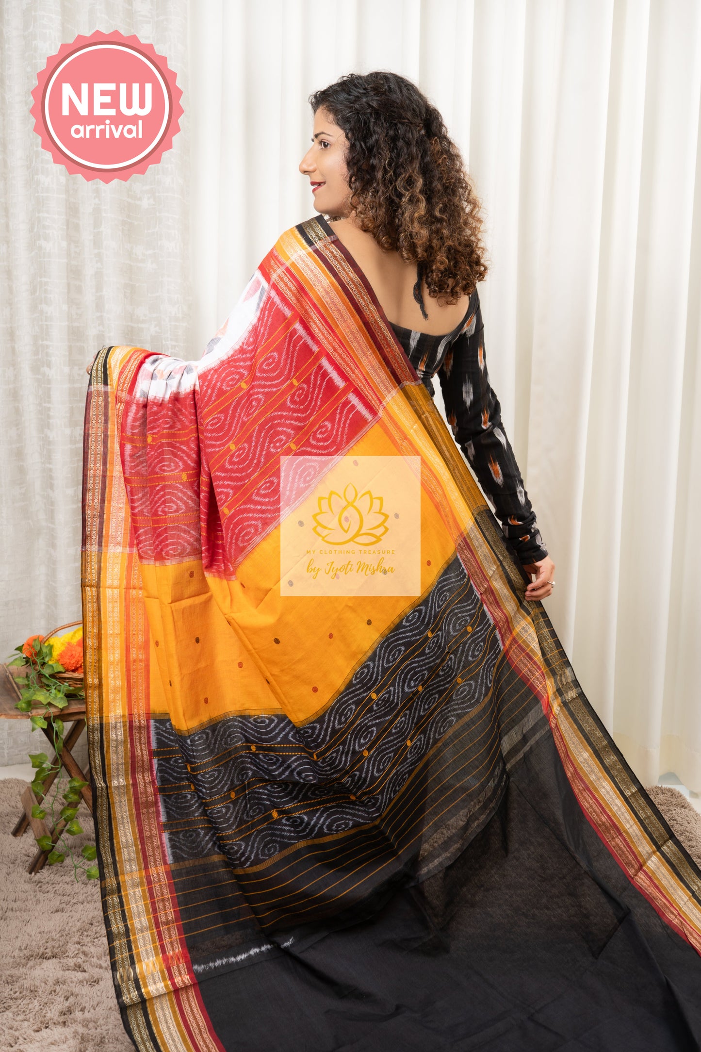 Excusive Kathifera Triple Border Ikkat Cotton Saree - White Saree
