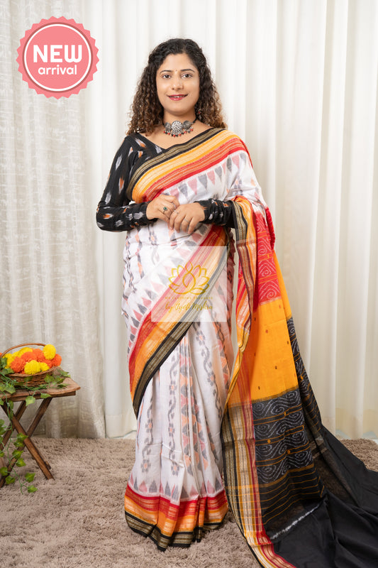 Excusive Kathifera Triple Border Ikkat Cotton Saree - White Saree