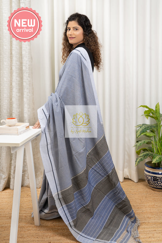 Greyish Blue Patteda Anchu Cotton Saree With Bluish Grey Border (Navy-White Checks)